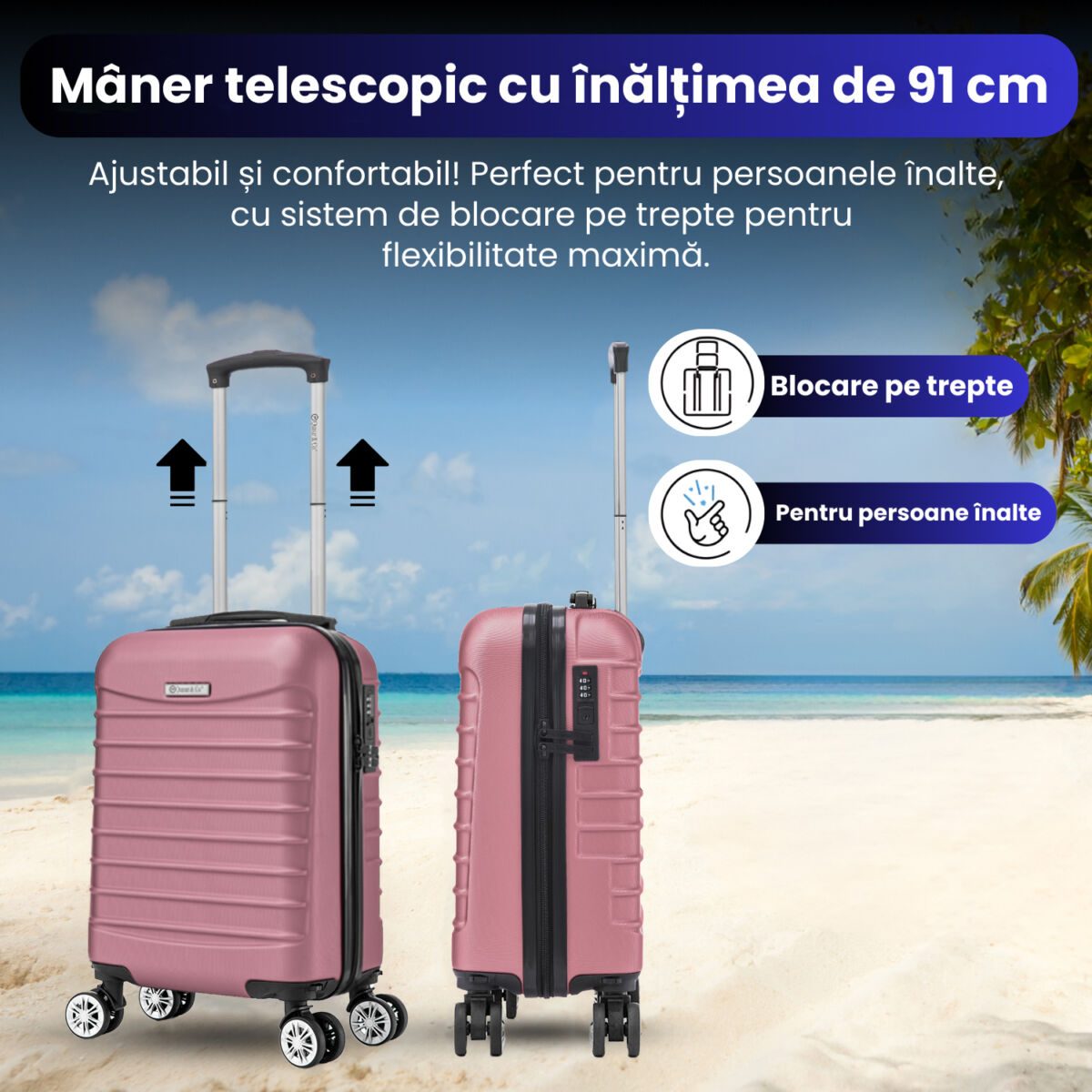Set troler cabina cu geanta cosmetice Quasar & Co.®, valiza cabina avion, 40x30x20cm/28x22x14cm, 4 roti duble detasabile 360°, bagaj de mana, troller cu fermoar antifurt, cifru, maner telescopic lung, geamantan ABS 2.8 mm, LINE, Roz pudrat 5