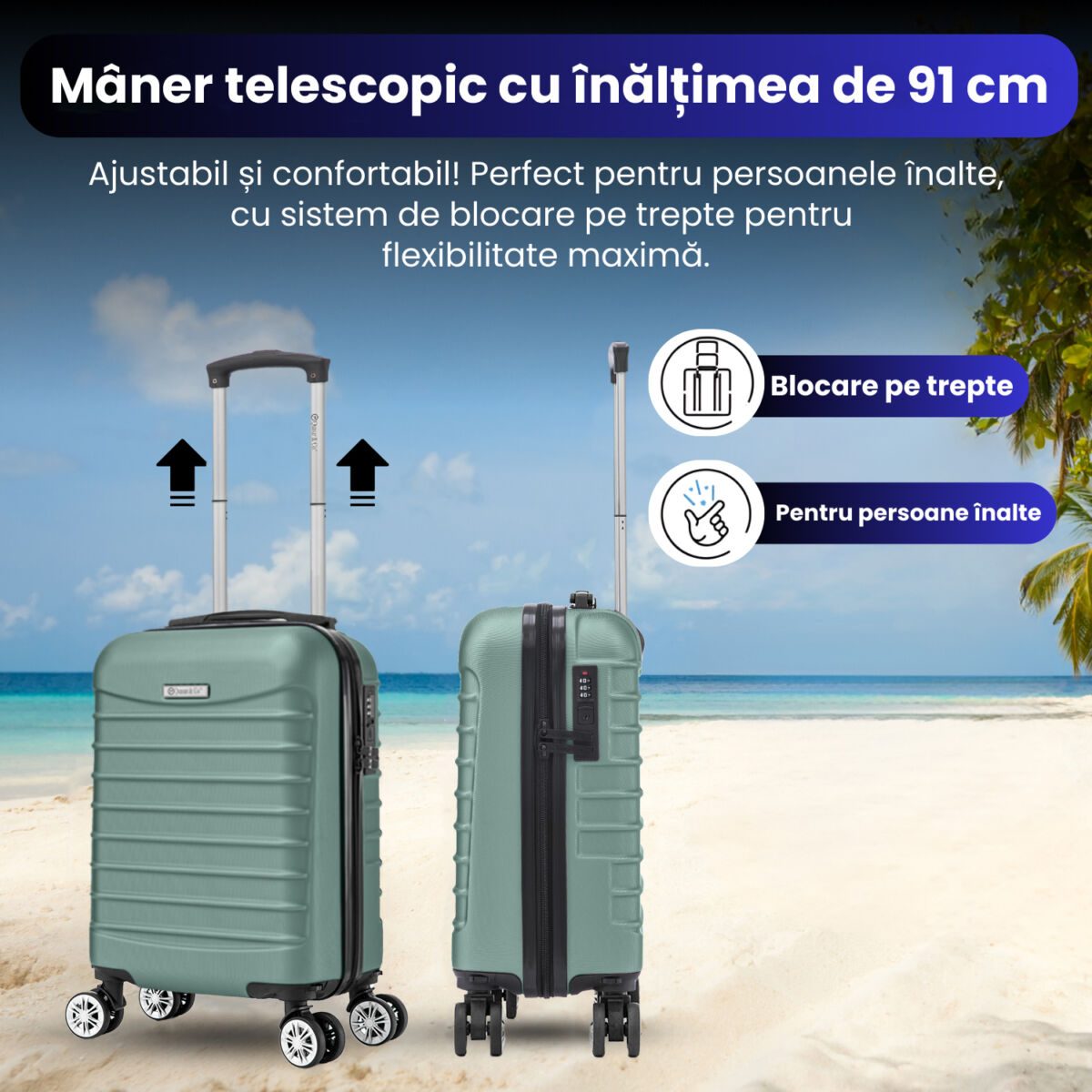 Set troler cabina cu geanta cosmetice Quasar & Co.®, valiza cabina avion, 40x30x20cm/28x22x14cm, 4 roti duble detasabile 360°, bagaj de mana, troller cu fermoar antifurt, cifru, maner telescopic lung, geamantan ABS 2.8 mm, LINE, Turcoaz deschis 5