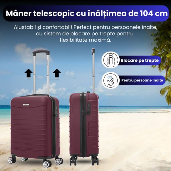 Set troler cabina cu geanta cosmetice Quasar & Co.®, valiza cabina avion, 55x36x20/28x22x14cm, 4 roti duble 360°, bagaj de mana, troller cu fermoar antifurt, cifru, maner telescopic lung, geamantan ABS 2.8 mm, LINE, Visiniu - imagine 5