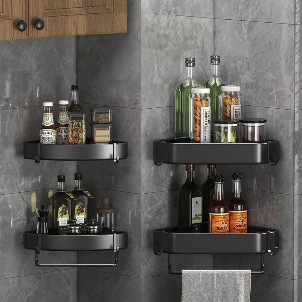 Set 4 etajere de colt, Quasar & Co.®, suspendate, cu 2 bare prosop, 4 carlige, 23 x 23 x 5 cm, metal, negru 8 Set 4 etajere de colt, Quasar & Co.®, suspendate, cu 2 bare prosop, 4 carlige, 23 x 23 x 5 cm, metal, negru 8