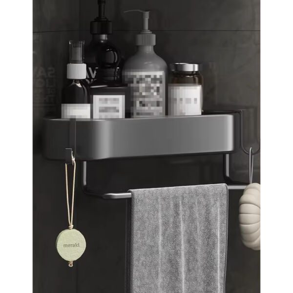 Set 4 etajere de colt, Quasar & Co.®, suspendate, cu 2 bare prosop, 4 carlige, 23 x 23 x 5 cm, metal, negru - imagine 10