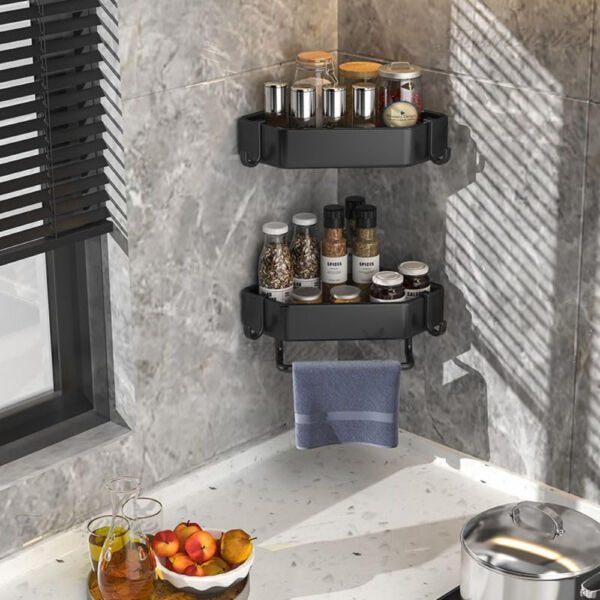 Set 4 etajere de colt, Quasar & Co.®, suspendate, cu 2 bare prosop, 4 carlige, 23 x 23 x 5 cm, metal, negru - imagine 11