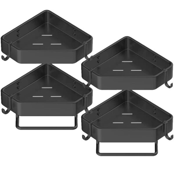 Set 4 etajere de colt, Quasar & Co.®, suspendate, cu 2 bare prosop, 4 carlige, 23 x 23 x 5 cm, metal, gri - imagine 1
