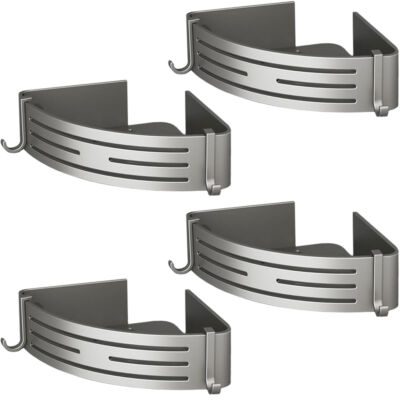 Set 4 etajere pentru baie, Quasar & Co.®, de colt, suspendate, cu 8 carlige, 21x21x6,8 cm, aluminiu, gri metalizat 6