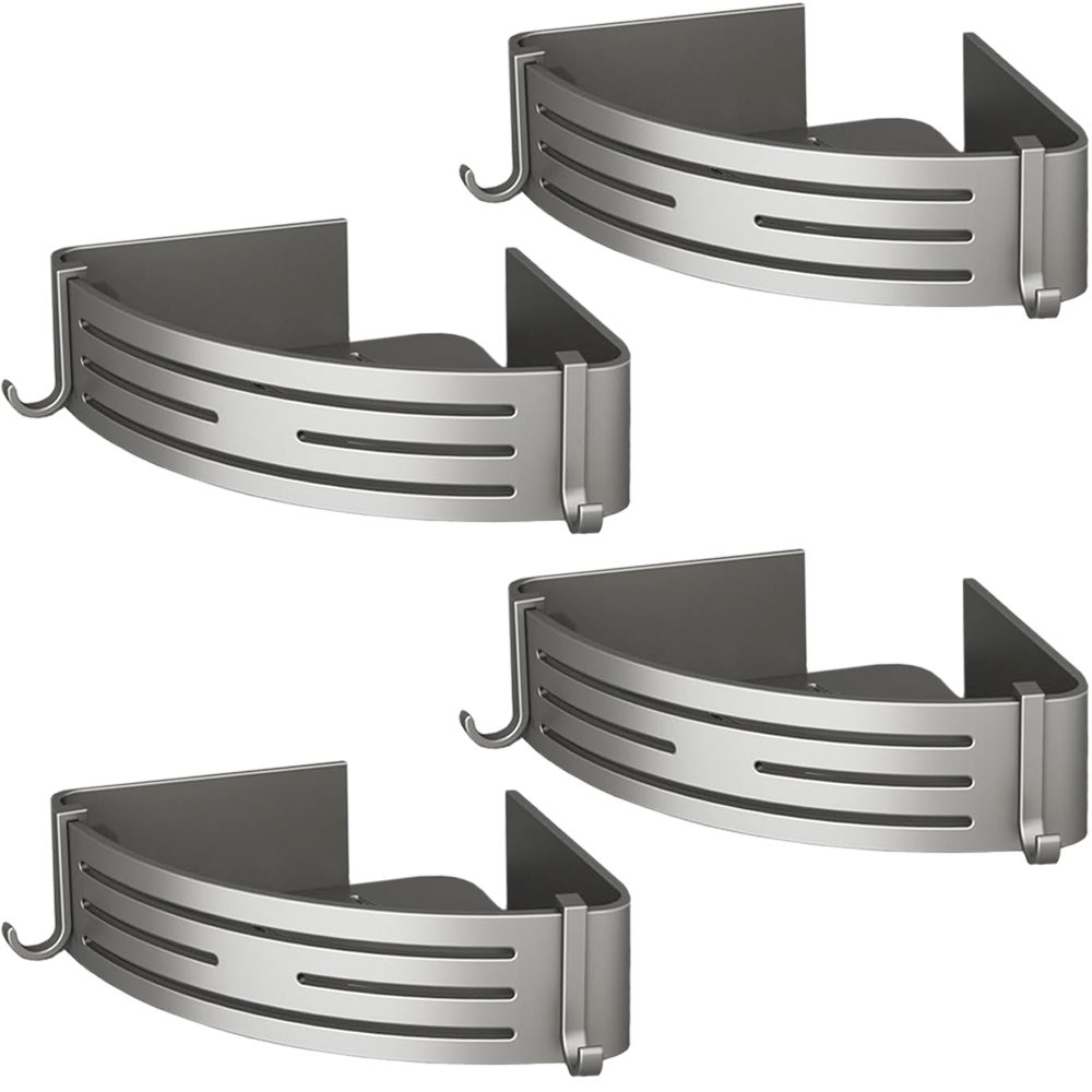 Set 4 etajere pentru baie, Quasar & Co.®, de colt, suspendate, cu 8 carlige, 21x21x6,8 cm, aluminiu, gri metalizat