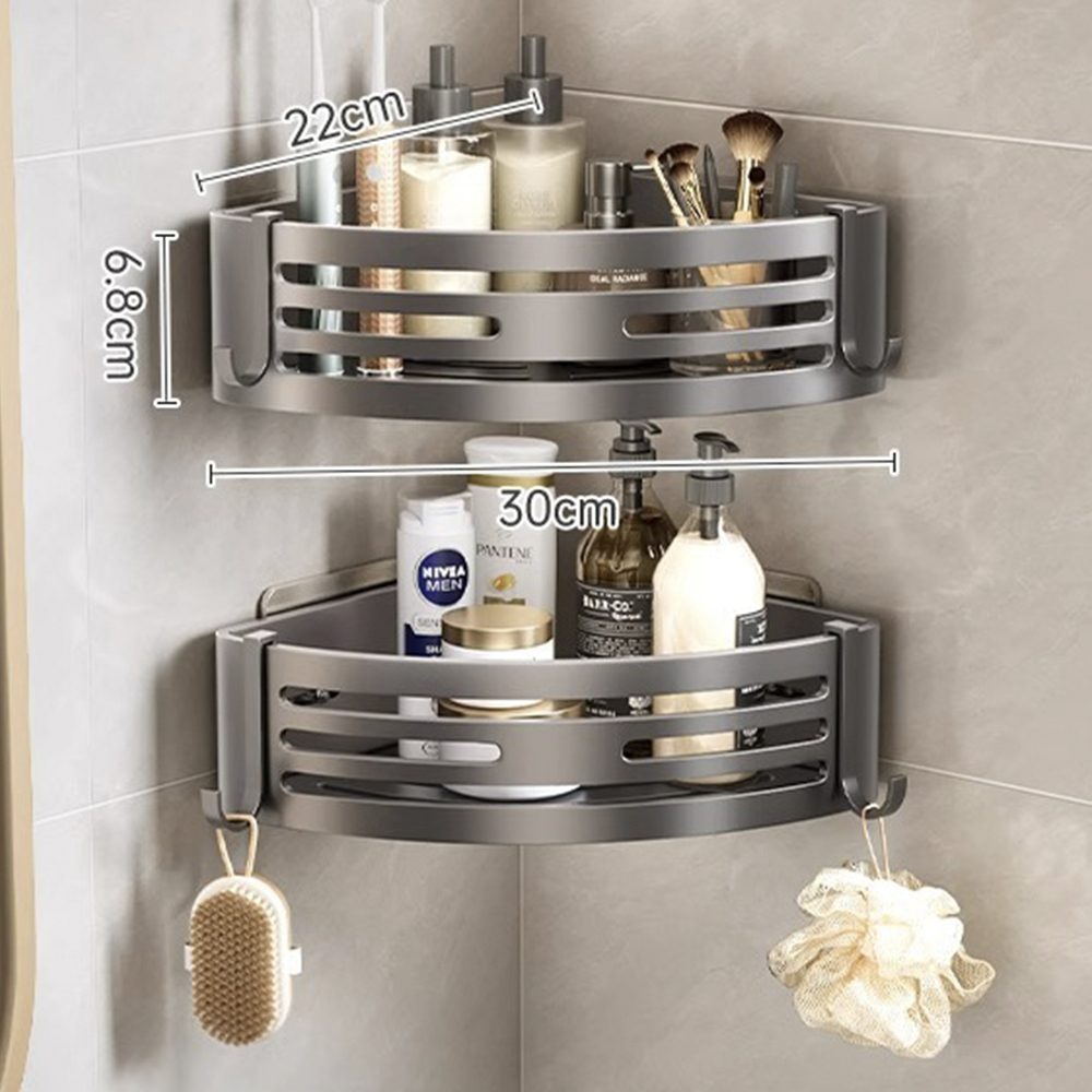 Set 4 etajere pentru baie, Quasar & Co.®, de colt, suspendate, cu 8 carlige, 21x21x6,8 cm, aluminiu, gri metalizat 5