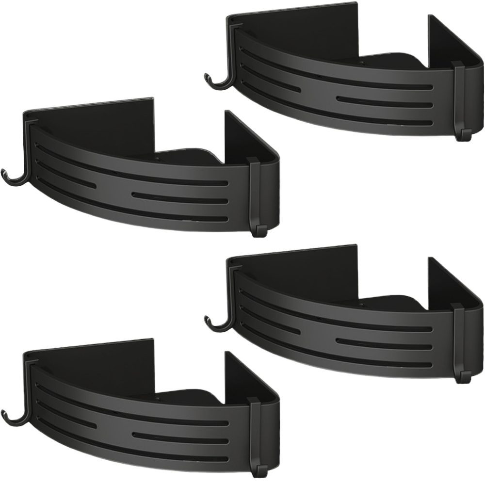 Set 4 etajere pentru baie, Quasar & Co.®, de colt, suspendate, cu 8 carlige, 21x21x6,8 cm, aluminiu, negru