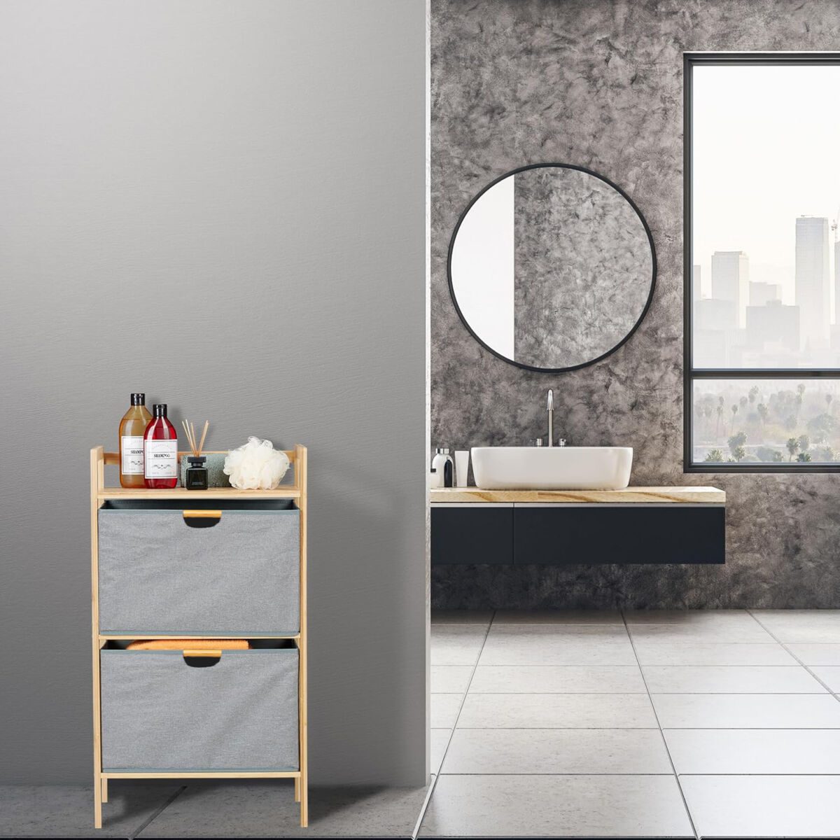 Raft depozitare, Quasar & Co.®, cu 2 sertare, universal, 45 x 32 x 70 cm, bambus/textil, natur/gri 3 Raft depozitare, Quasar & Co.®, cu 2 sertare, universal, 45 x 32 x 70 cm, bambus/textil, natur/gri 3
