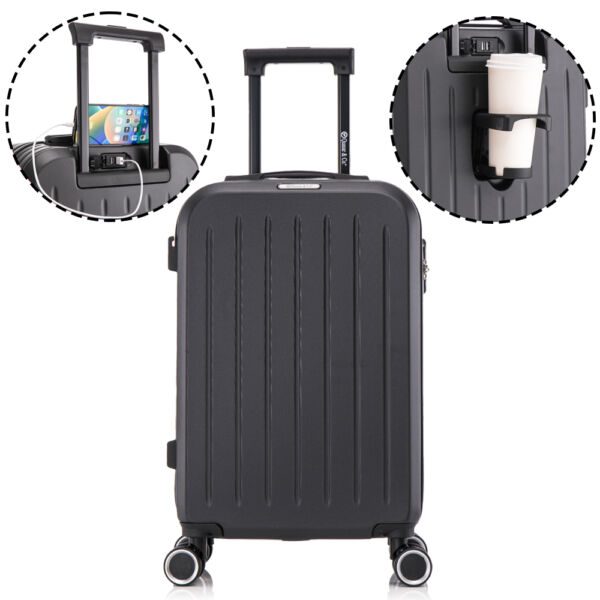 Troler cabina avion, Quasar & Co.®, Model Legend, 4 roti duble cu rotatie 360°, suport de pahar, port incarcare USB, maner telescopic, cifru, 55x35x22 cm, ABS, negru Trolere cabina 2024-10-30 2