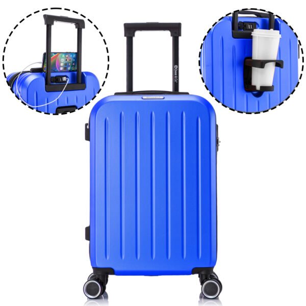 Troler cabina avion, Quasar & Co.®, Model Legend, 4 roti duble cu rotatie 360°, suport de pahar, port incarcare USB, maner telescopic, cifru, 55x35x22 cm, ABS, albastru royal Trolere cabina 2024-10-18 2