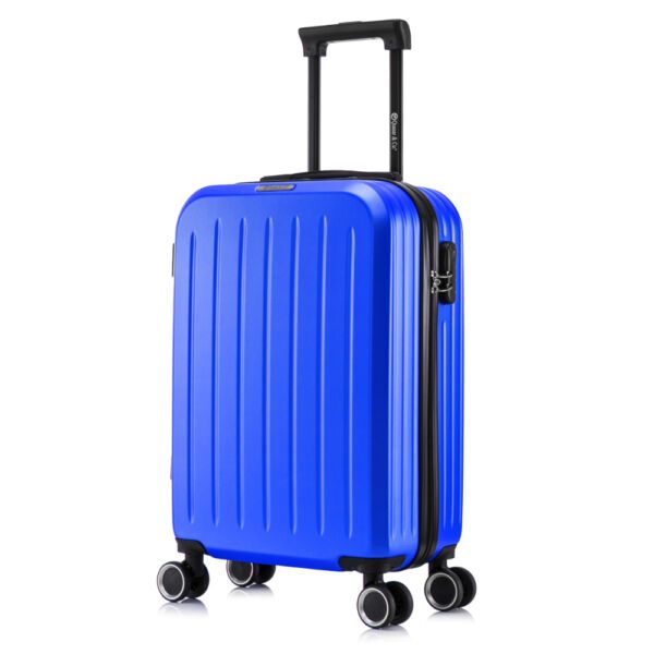 Troler cabina avion, Quasar & Co.®, Model Legend, 4 roti duble cu rotatie 360°, suport de pahar, port incarcare USB, maner telescopic, cifru, 55x35x22 cm, ABS, albastru royal Trolere cabina 2024-10-29