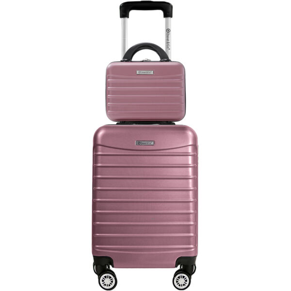 Set troler cabina cu geanta cosmetice, Quasar & Co.®, model Line, roti detasabile, cifru, 4 roti 360 grade, maner telescopic, 55x36x20 cm/28x22x14 cm, ABS, roz pudrat Trolere medii 2024-09-19 2