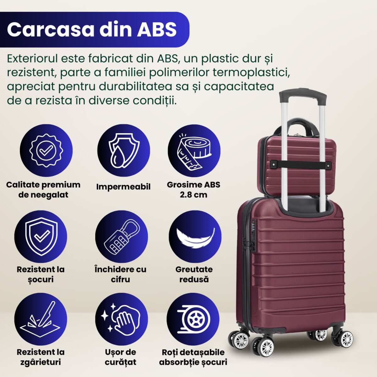 Set troler cabina cu geanta cosmetice Quasar & Co.®, valiza cabina avion, 40x30x20cm/28x22x14cm, 4 roti duble detasabile 360°, bagaj de mana, troller cu fermoar antifurt, cifru, maner telescopic lung, geamantan ABS 2.8 mm, LINE, Visiniu 6 Set troler cabina cu geanta cosmetice Quasar & Co.®, valiza cabina avion, 40x30x20cm/28x22x14cm, 4 roti duble detasabile 360°, bagaj de mana, troller cu fermoar antifurt, cifru, maner telescopic lung, geamantan ABS 2.8 mm, LINE, Visiniu 6