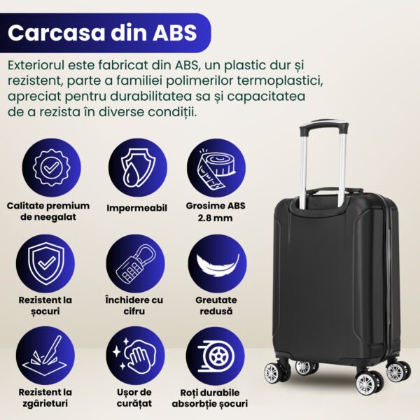 Troler cabina avion Quasar & Co.®, 55x35x20cm, bagaj de mana, troller cu fermoar antifurt, cifru, maner telescopic lung, geamantan cu 4 roti duble silentioase 360°, valiza ABS 2.8 mm, rezistent, 2 compartimente cu buzunar, 10kg, Smart, Negru - imagine 6