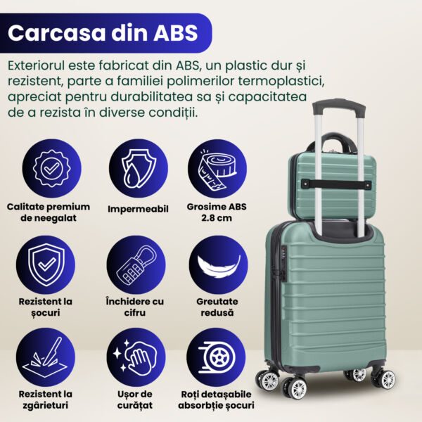Set troler cabina cu geanta cosmetice Quasar & Co.®, valiza cabina avion, 40x30x20cm/28x22x14cm, 4 roti duble detasabile 360°, bagaj de mana, troller cu fermoar antifurt, cifru, maner telescopic lung, geamantan ABS 2.8 mm, LINE, Turcoaz deschis - imagine 6
