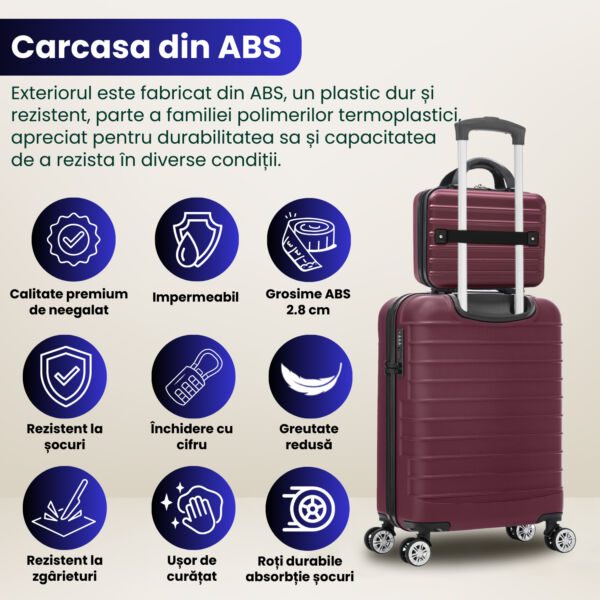 Set troler cabina cu geanta cosmetice Quasar & Co.®, valiza cabina avion, 55x36x20/28x22x14cm, 4 roti duble 360°, bagaj de mana, troller cu fermoar antifurt, cifru, maner telescopic lung, geamantan ABS 2.8 mm, LINE, Visiniu - imagine 6