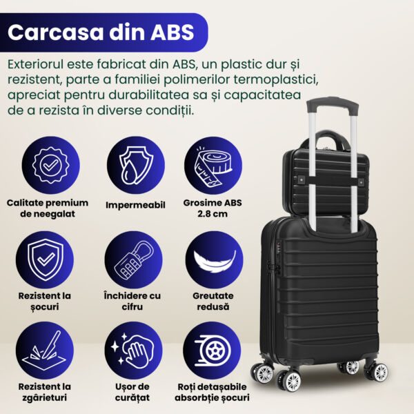 Set troler cabina cu geanta cosmetice Quasar & Co.®, valiza cabina avion, 40x30x20cm/28x22x14cm, 4 roti duble detasabile 360°, bagaj de mana, troller cu fermoar antifurt, cifru, maner telescopic lung, geamantan ABS 2.8 mm, LINE, Negru - imagine 6
