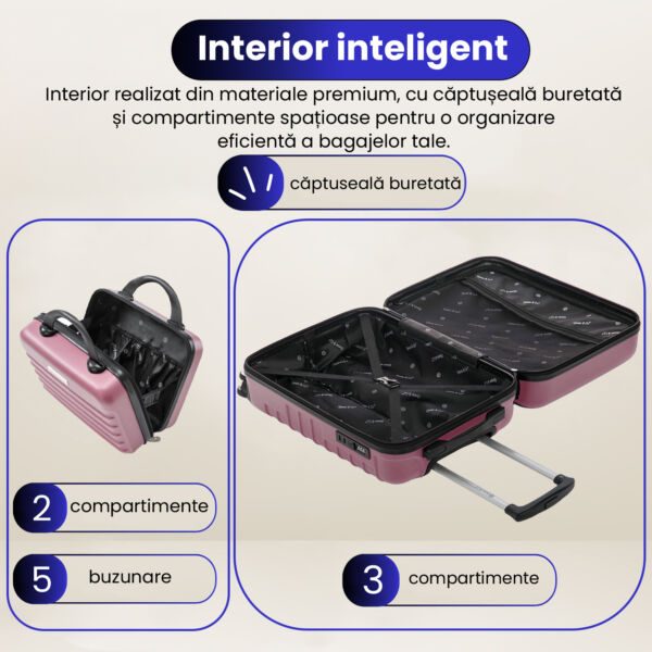 Set troler cabina cu geanta cosmetice Quasar & Co.®, valiza cabina avion, 40x30x20cm/28x22x14cm, 4 roti duble detasabile 360°, bagaj de mana, troller cu fermoar antifurt, cifru, maner telescopic lung, geamantan ABS 2.8 mm, LINE, Roz pudrat - imagine 7