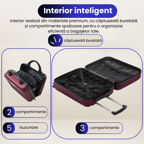 Set troler cabina cu geanta cosmetice Quasar & Co.®, valiza cabina avion, 55x36x20/28x22x14cm, 4 roti duble 360°, bagaj de mana, troller cu fermoar antifurt, cifru, maner telescopic lung, geamantan ABS 2.8 mm, LINE, Visiniu - imagine 7