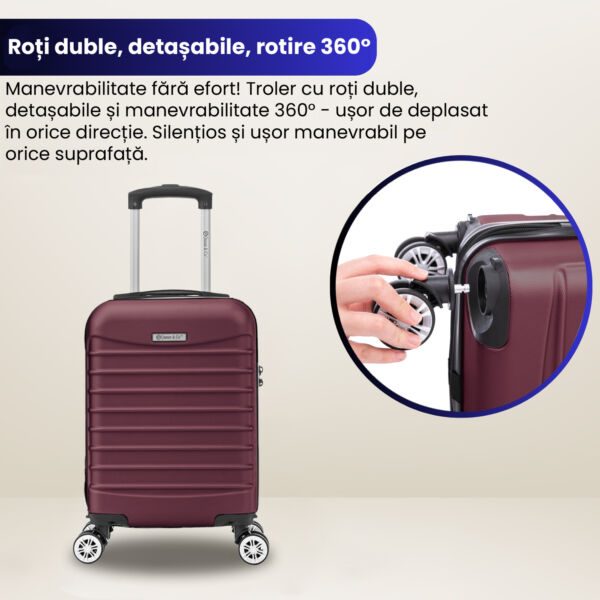 Set troler cabina cu geanta cosmetice Quasar & Co.®, valiza cabina avion, 40x30x20cm/28x22x14cm, 4 roti duble detasabile 360°, bagaj de mana, troller cu fermoar antifurt, cifru, maner telescopic lung, geamantan ABS 2.8 mm, LINE, Visiniu - imagine 8