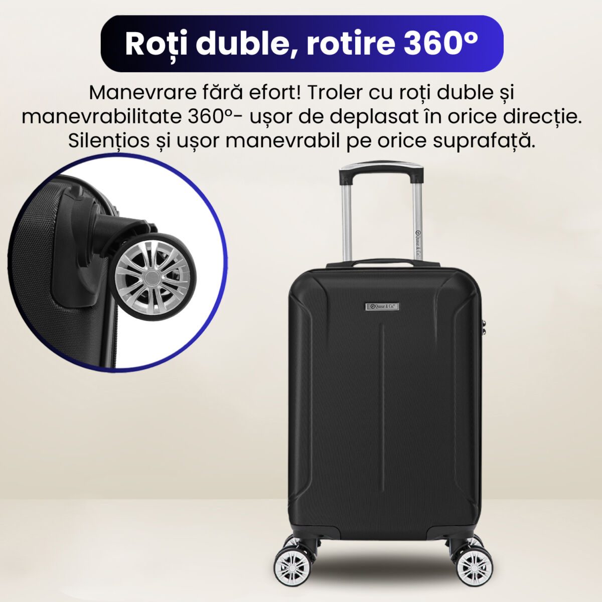Troler cabina avion Quasar & Co.®, 55x35x20cm, bagaj de mana, troller cu fermoar antifurt, cifru, maner telescopic lung, geamantan cu 4 roti duble silentioase 360°, valiza ABS 2.8 mm, rezistent, 2 compartimente cu buzunar, 10kg, Smart, Negru 8 Troler cabina avion Quasar & Co.®, 55x35x20cm, bagaj de mana, troller cu fermoar antifurt, cifru, maner telescopic lung, geamantan cu 4 roti duble silentioase 360°, valiza ABS 2.8 mm, rezistent, 2 compartimente cu buzunar, 10kg, Smart, Negru 8