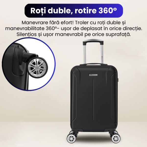Troler cabina avion Quasar & Co.®, 55x35x20cm, bagaj de mana, troller cu fermoar antifurt, cifru, maner telescopic lung, geamantan cu 4 roti duble silentioase 360°, valiza ABS 2.8 mm, rezistent, 2 compartimente cu buzunar, 10kg, Smart, Negru - imagine 8