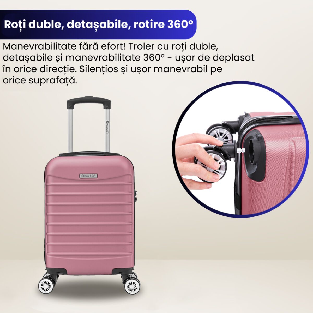 Set troler cabina cu geanta cosmetice Quasar & Co.®, valiza cabina avion, 40x30x20cm/28x22x14cm, 4 roti duble detasabile 360°, bagaj de mana, troller cu fermoar antifurt, cifru, maner telescopic lung, geamantan ABS 2.8 mm, LINE, Roz pudrat 8