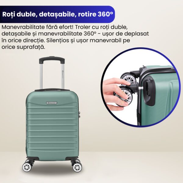 Set troler cabina cu geanta cosmetice Quasar & Co.®, valiza cabina avion, 40x30x20cm/28x22x14cm, 4 roti duble detasabile 360°, bagaj de mana, troller cu fermoar antifurt, cifru, maner telescopic lung, geamantan ABS 2.8 mm, LINE, Turcoaz deschis - imagine 8