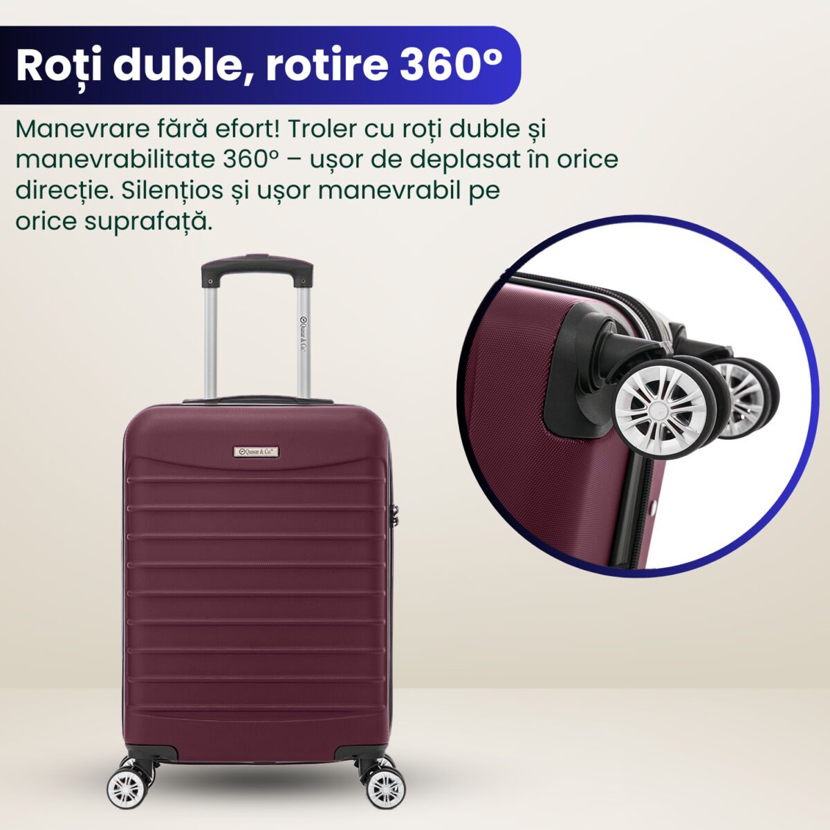 Set troler cabina cu geanta cosmetice Quasar & Co.®, valiza cabina avion, 55x36x20/28x22x14cm, 4 roti duble 360°, bagaj de mana, troller cu fermoar antifurt, cifru, maner telescopic lung, geamantan ABS 2.8 mm, LINE, Visiniu 8 Set troler cabina cu geanta cosmetice Quasar & Co.®, valiza cabina avion, 55x36x20/28x22x14cm, 4 roti duble 360°, bagaj de mana, troller cu fermoar antifurt, cifru, maner telescopic lung, geamantan ABS 2.8 mm, LINE, Visiniu 8