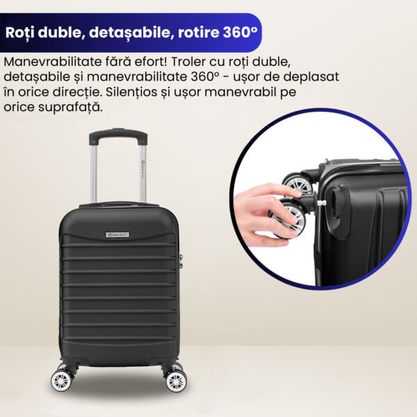 Set troler cabina cu geanta cosmetice Quasar & Co.®, valiza cabina avion, 40x30x20cm/28x22x14cm, 4 roti duble detasabile 360°, bagaj de mana, troller cu fermoar antifurt, cifru, maner telescopic lung, geamantan ABS 2.8 mm, LINE, Negru - imagine 8