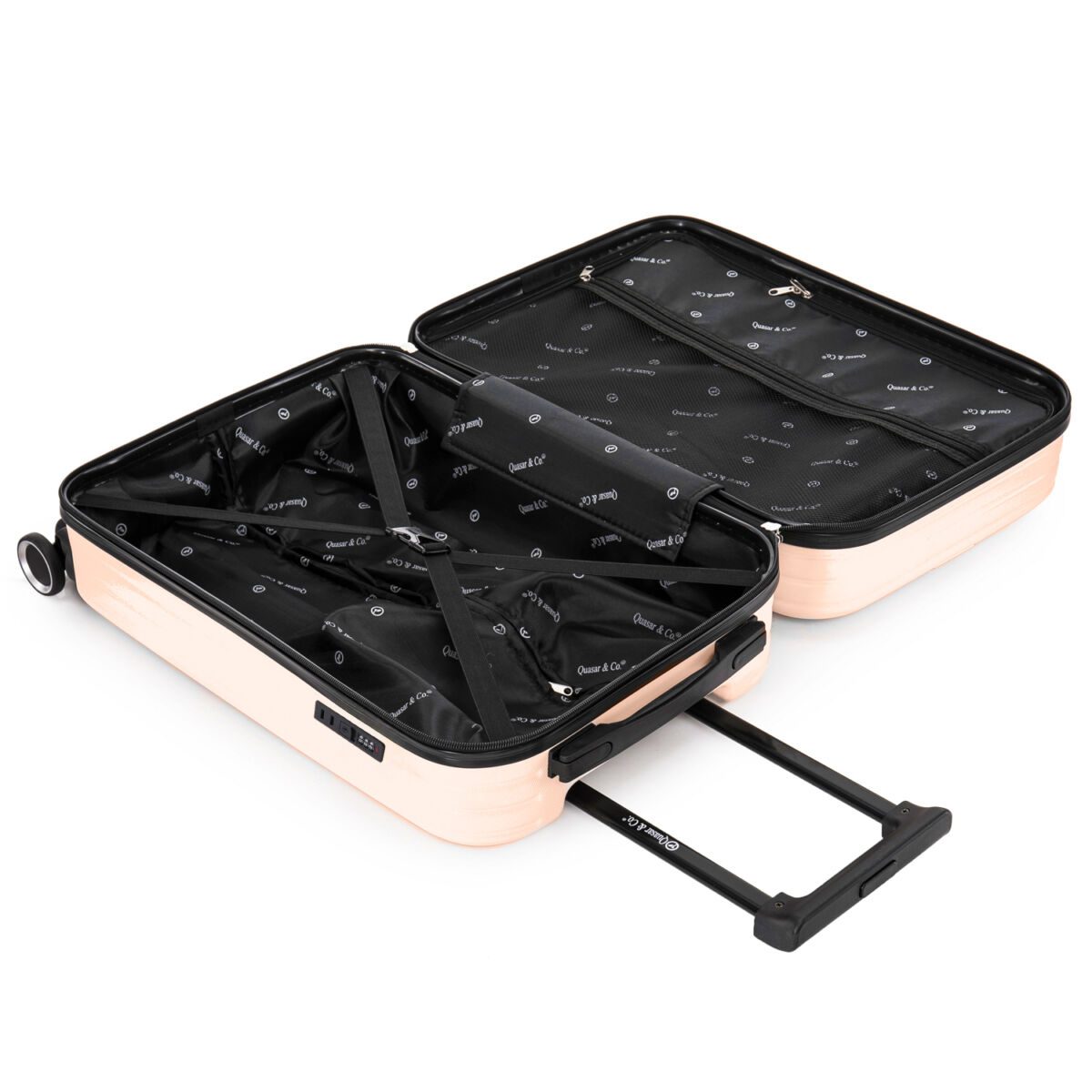 Troler cabina avion Quasar & Co.®, 55x35x22cm, bagaj de mana, troller cu fermoar antifurt, cifru, maner telescopic lung, geamantan cu 4 roti duble silentioase 360°, valiza ABS 2.8 mm, rezistent, port USB, suport de pahar, 10kg, Legend, Somon 9