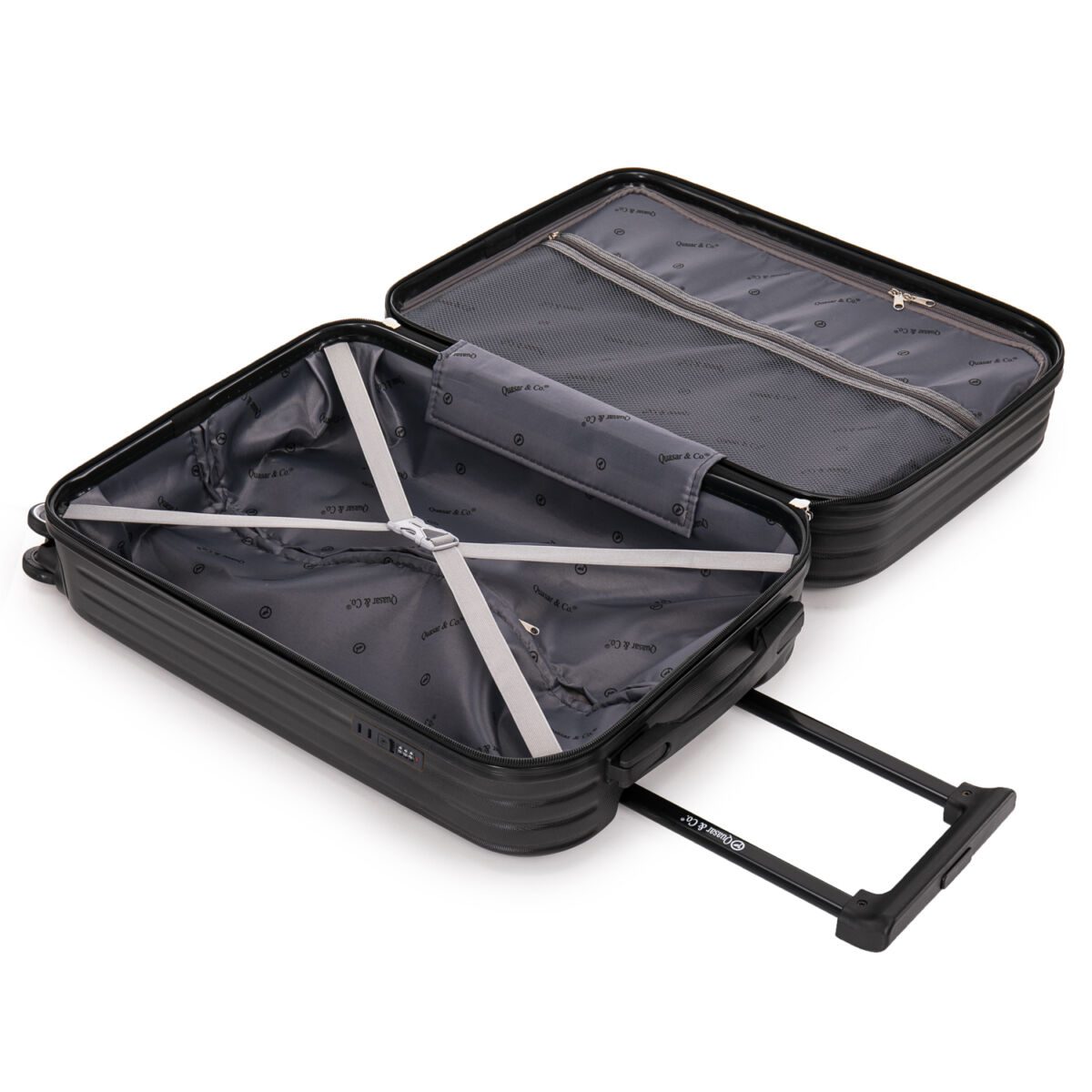 Troler cabina avion Quasar & Co.®, 55x35x22cm, bagaj de mana, troller cu fermoar antifurt, cifru, maner telescopic lung, geamantan cu 4 roti duble silentioase 360°, valiza ABS 2.8 mm, rezistent, port USB, suport de pahar, 10kg, Legend, Negru 9 Troler cabina avion Quasar & Co.®, 55x35x22cm, bagaj de mana, troller cu fermoar antifurt, cifru, maner telescopic lung, geamantan cu 4 roti duble silentioase 360°, valiza ABS 2.8 mm, rezistent, port USB, suport de pahar, 10kg, Legend, Negru 9