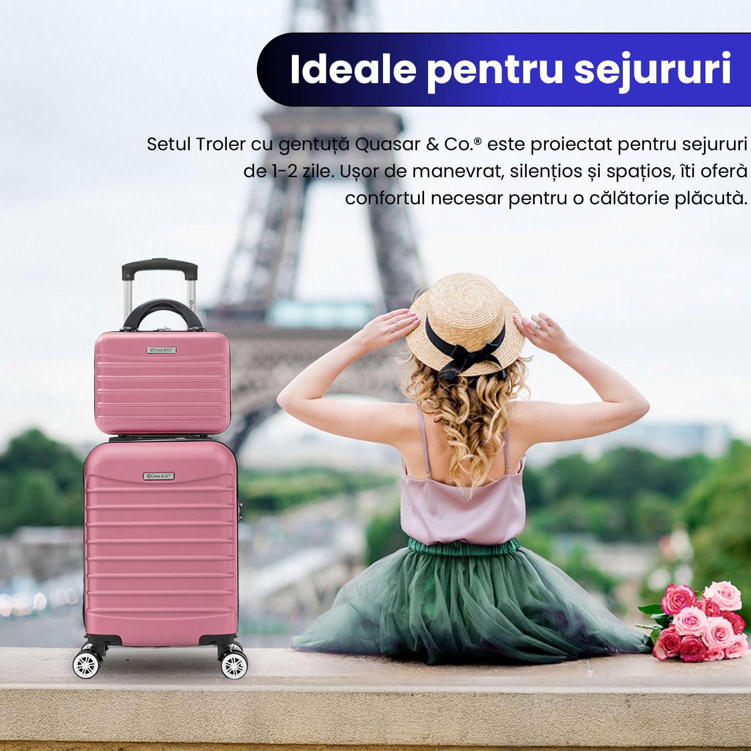 Set troler cabina cu geanta cosmetice Quasar & Co.®, valiza cabina avion, 40x30x20cm/28x22x14cm, 4 roti duble detasabile 360°, bagaj de mana, troller cu fermoar antifurt, cifru, maner telescopic lung, geamantan ABS 2.8 mm, LINE, Roz pudrat 12