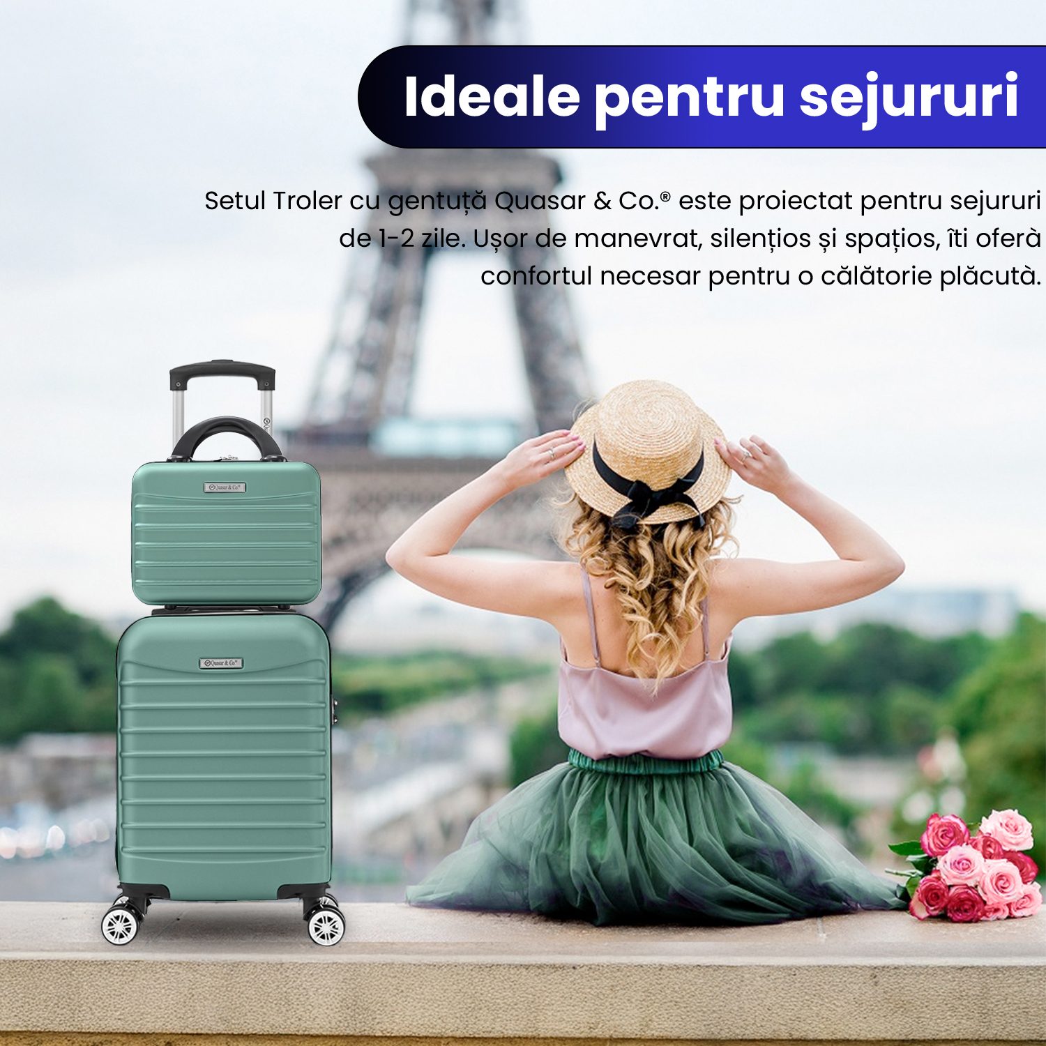 Set troler cabina cu geanta cosmetice Quasar & Co.®, valiza cabina avion, 40x30x20cm/28x22x14cm, 4 roti duble detasabile 360°, bagaj de mana, troller cu fermoar antifurt, cifru, maner telescopic lung, geamantan ABS 2.8 mm, LINE, Turcoaz deschis 12