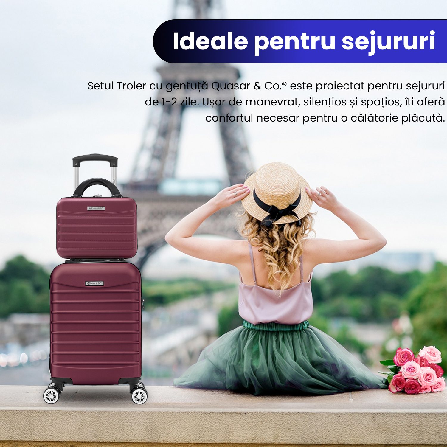 A1 Set troler cabina cu geanta cosmetice Quasar & Co.®, valiza cabina avion, 40x30x20cm/28x22x14cm, 4 roti duble detasabile 360°, bagaj de mana, troller cu fermoar antifurt, cifru, maner telescopic lung, geamantan ABS 2.8 mm, LINE, Visiniu 12