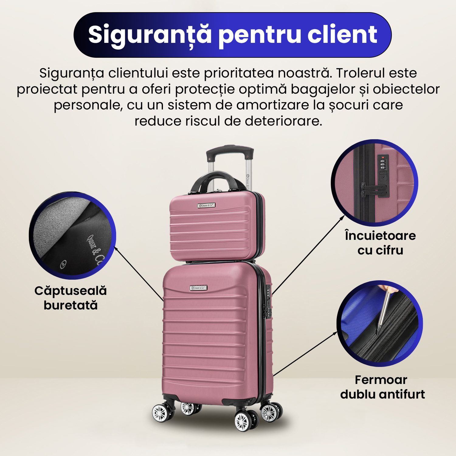 Set troler cabina cu geanta cosmetice Quasar & Co.®, valiza cabina avion, 40x30x20cm/28x22x14cm, 4 roti duble detasabile 360°, bagaj de mana, troller cu fermoar antifurt, cifru, maner telescopic lung, geamantan ABS 2.8 mm, LINE, Roz pudrat 13