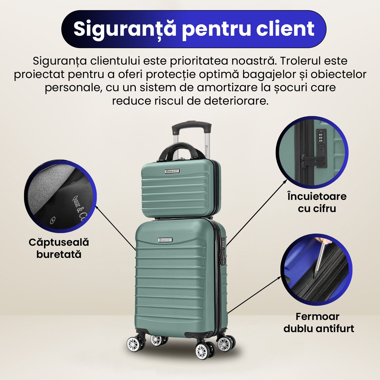 Set troler cabina cu geanta cosmetice Quasar & Co.®, valiza cabina avion, 40x30x20cm/28x22x14cm, 4 roti duble detasabile 360°, bagaj de mana, troller cu fermoar antifurt, cifru, maner telescopic lung, geamantan ABS 2.8 mm, LINE, Turcoaz deschis 13