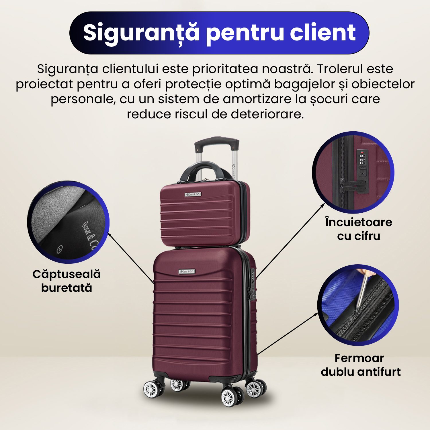 A2 Set troler cabina cu geanta cosmetice Quasar & Co.®, valiza cabina avion, 40x30x20cm/28x22x14cm, 4 roti duble detasabile 360°, bagaj de mana, troller cu fermoar antifurt, cifru, maner telescopic lung, geamantan ABS 2.8 mm, LINE, Visiniu 13