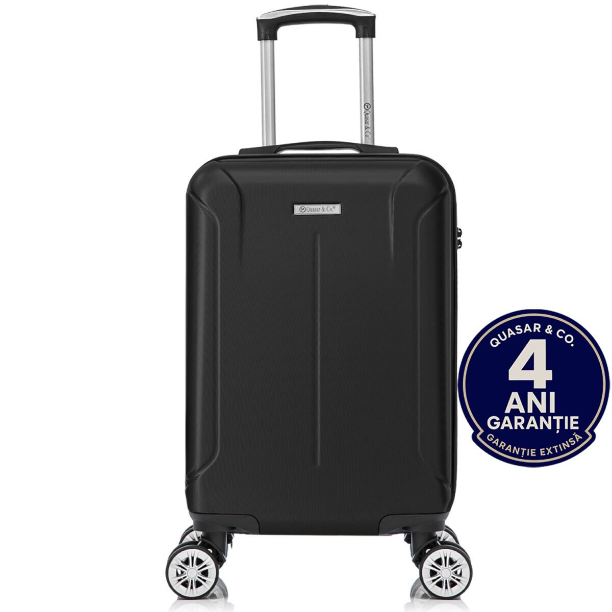 black romana Troler cabina avion Quasar & Co.®, 55x35x20cm, bagaj de mana, troller cu fermoar antifurt, cifru, maner telescopic lung, geamantan cu 4 roti duble silentioase 360°, valiza ABS 2.8 mm, rezistent, 2 compartimente cu buzunar, 10kg, Smart, Negru