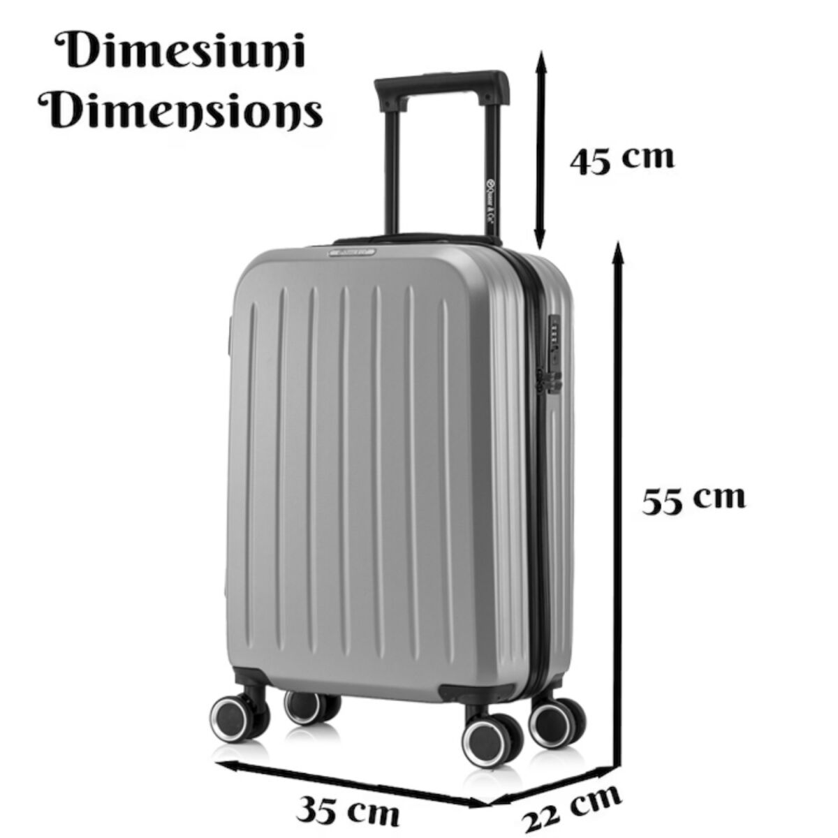 Troler cabina avion Quasar & Co.®, 55x35x22cm, bagaj de mana, troller cu fermoar antifurt, cifru, maner telescopic lung, geamantan cu 4 roti duble silentioase 360°, valiza ABS 2.8 mm, rezistent, port USB, suport de pahar, 10kg, Legend, Somon 10