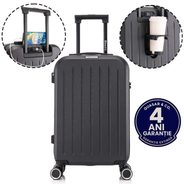Troler cabina avion Quasar & Co.®, 55x35x22cm, bagaj de mana, troller cu fermoar antifurt, cifru, maner telescopic lung, geamantan cu 4 roti duble silentioase 360°, valiza ABS 2.8 mm, rezistent, port USB, suport de pahar, 10kg, Legend, Negru - imagine 1