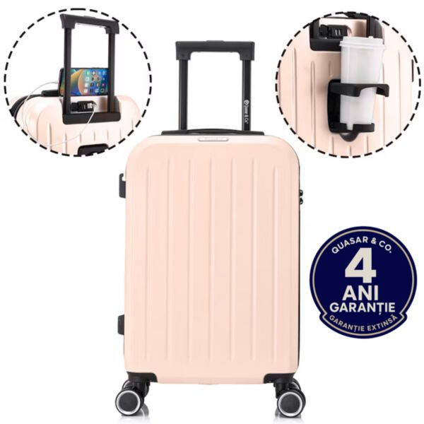 Troler cabina avion Quasar & Co.®, 55x35x22cm, bagaj de mana, troller cu fermoar antifurt, cifru, maner telescopic lung, geamantan cu 4 roti duble silentioase 360°, valiza ABS 2.8 mm, rezistent, port USB, suport de pahar, 10kg, Legend, Somon Trolere cabina 2026-04-18 2