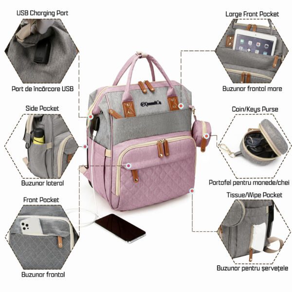 Geanta/rucsac, Quasar & Co.®, cu port USB si 14 compartimente, textil, 40 x 30 x 14 cm, roz/gri - imagine 3