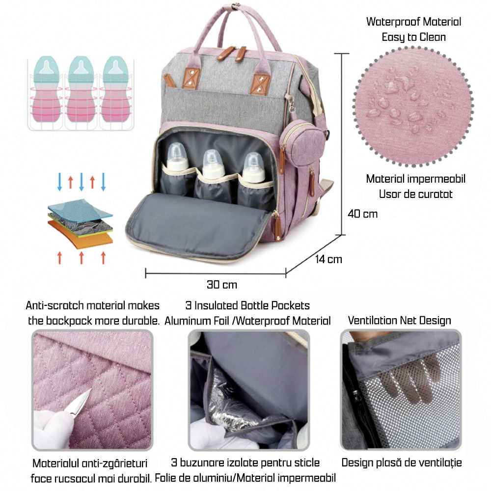 Geanta/rucsac, Quasar & Co.®, cu port USB si 14 compartimente, textil, 40 x 30 x 14 cm, roz/gri 4 Geanta/rucsac, Quasar & Co.®, cu port USB si 14 compartimente, textil, 40 x 30 x 14 cm, roz/gri 4