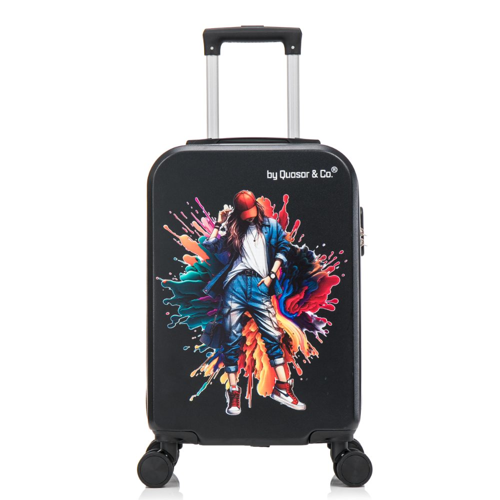 Troler cabina, Quasar & Co.®, model Mia, cifru, 4 roti 360 grade, maner telescopic, negru