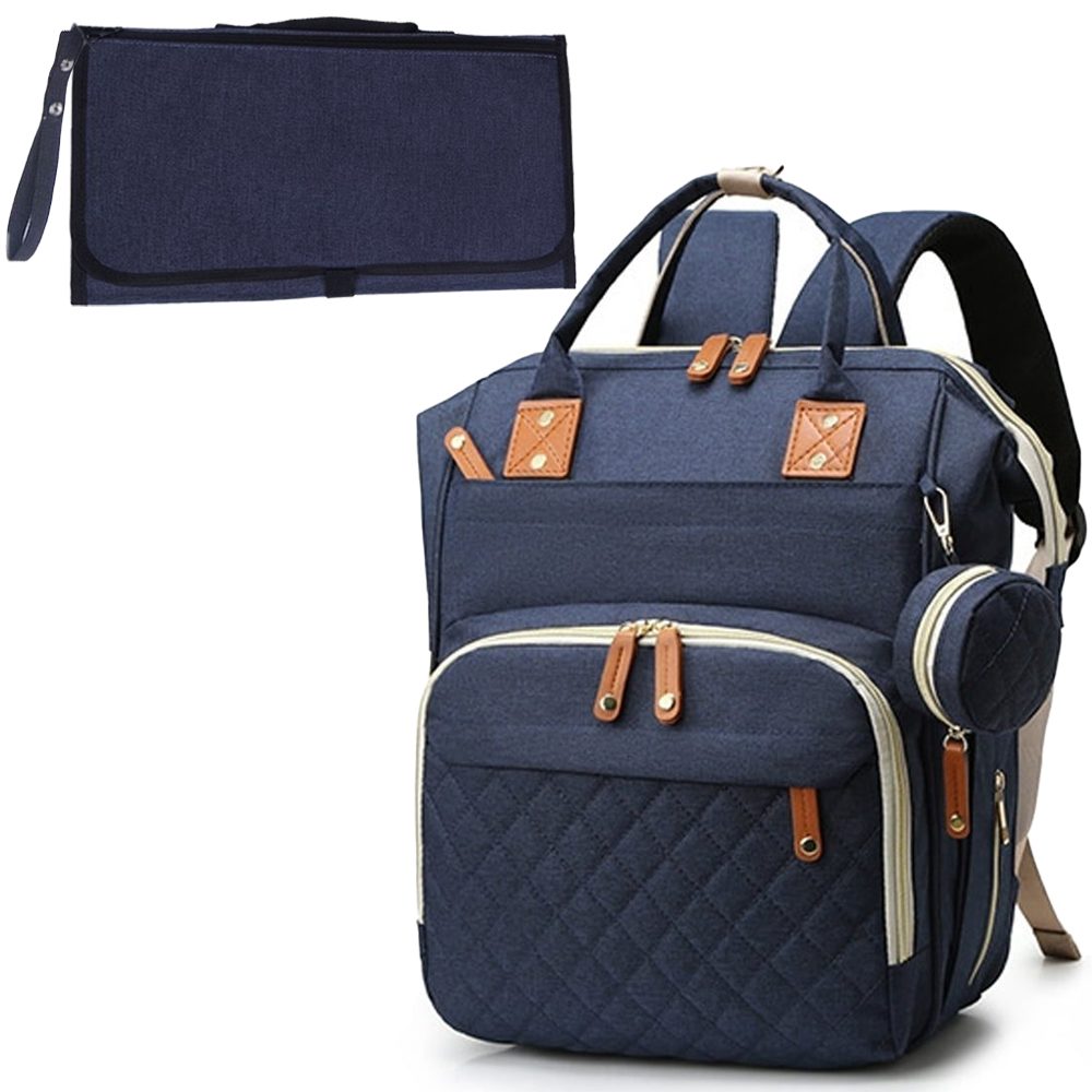 Set geanta/rucsac si saltea pentru infasat, Quasar & Co.®, cu port USB si 14 compartimente, textil, 40 x 30 x 14 cm, albastru inchis