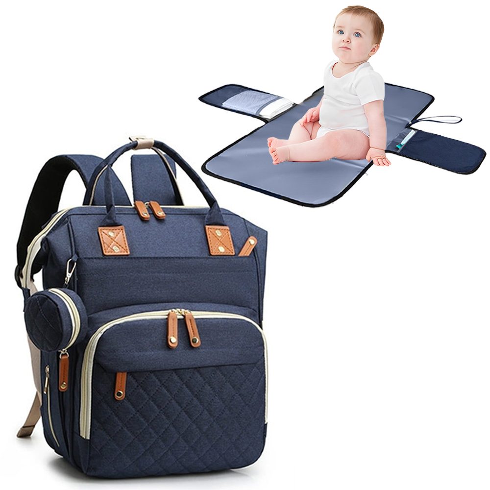Set geanta/rucsac si saltea pentru infasat, Quasar & Co.®, cu port USB si 14 compartimente, textil, 40 x 30 x 14 cm, albastru inchis 2
