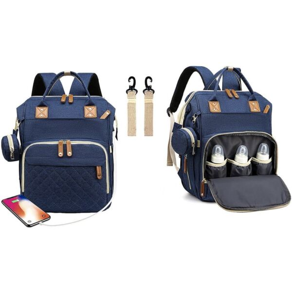 Set geanta/rucsac si saltea pentru infasat, Quasar & Co.®, cu port USB si 14 compartimente, textil, 40 x 30 x 14 cm, albastru inchis - imagine 3