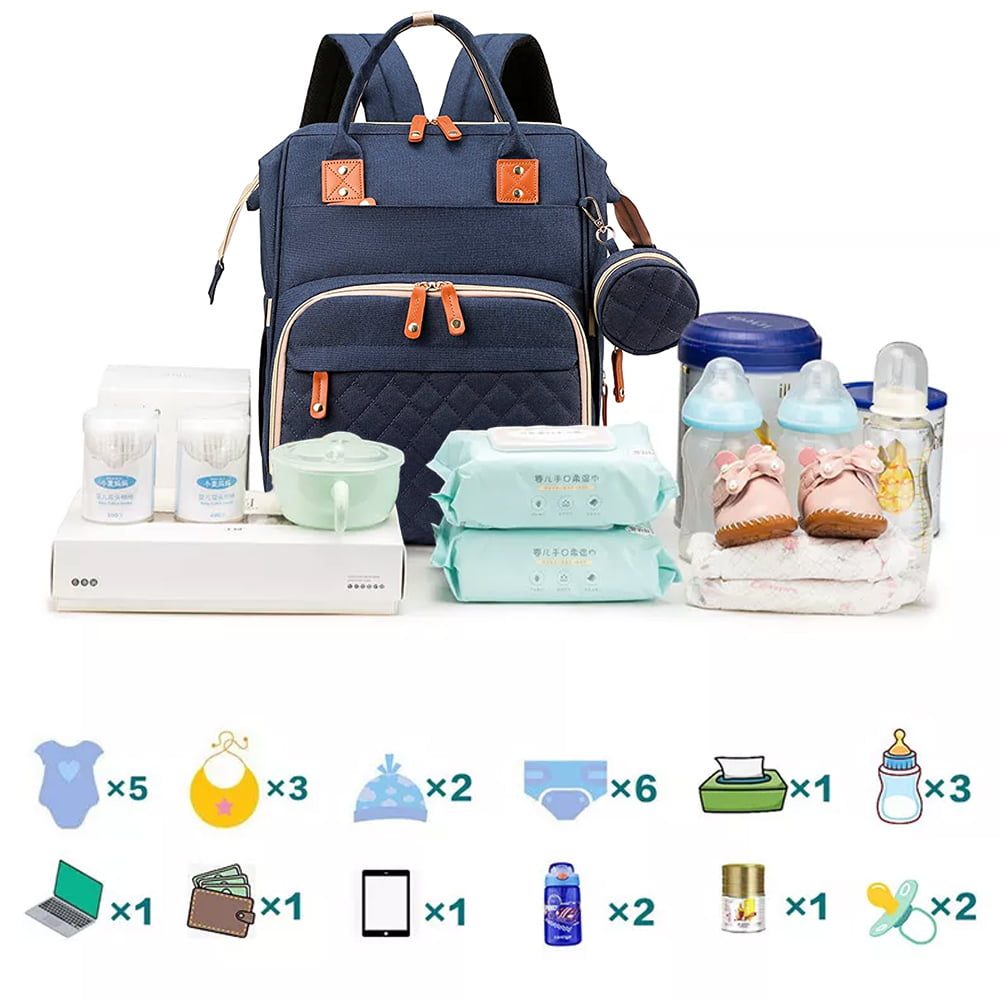 Set geanta/rucsac si saltea pentru infasat, Quasar & Co.®, cu port USB si 14 compartimente, textil, 40 x 30 x 14 cm, albastru inchis 4