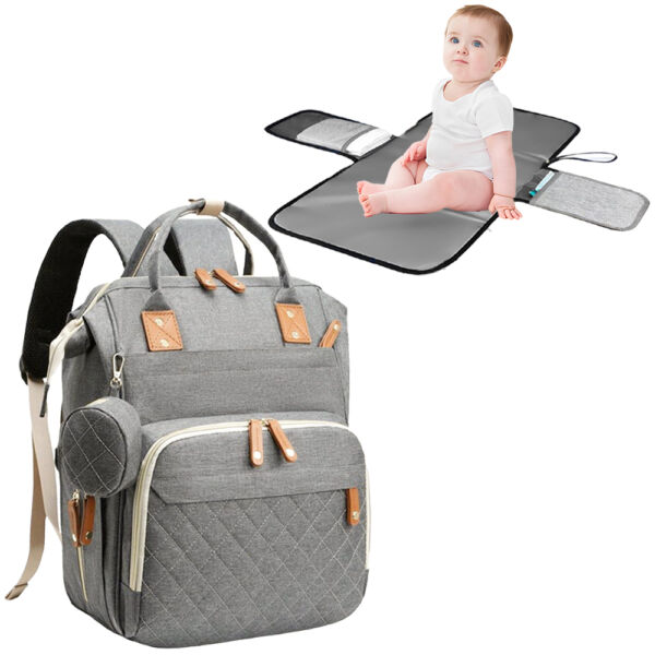 Set geanta/rucsac si saltea pentru infasat, Quasar & Co.®, cu port USB si 14 compartimente, textil, 40 x 30 x 14 cm, gri Genti bebelusi 2024-10-29